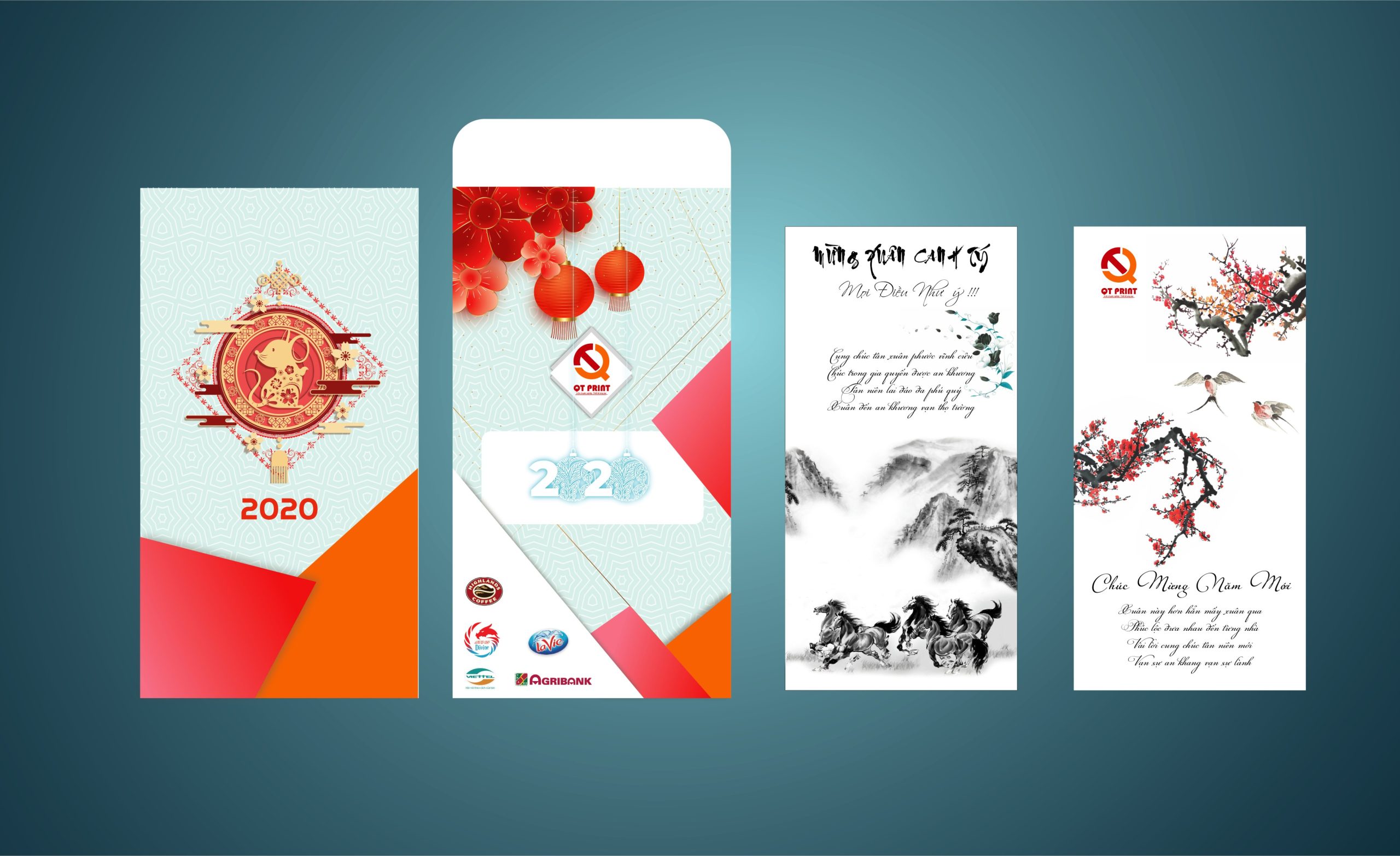 Thiệp chúc tết đơn 10x20cm. Phong bì 12x22cm